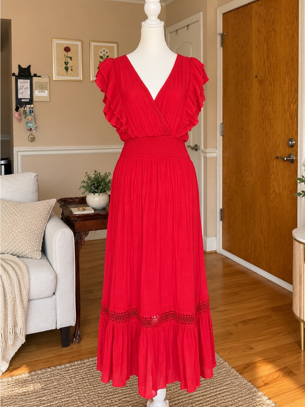 Red Ruffle Sleeve Maxi Dress